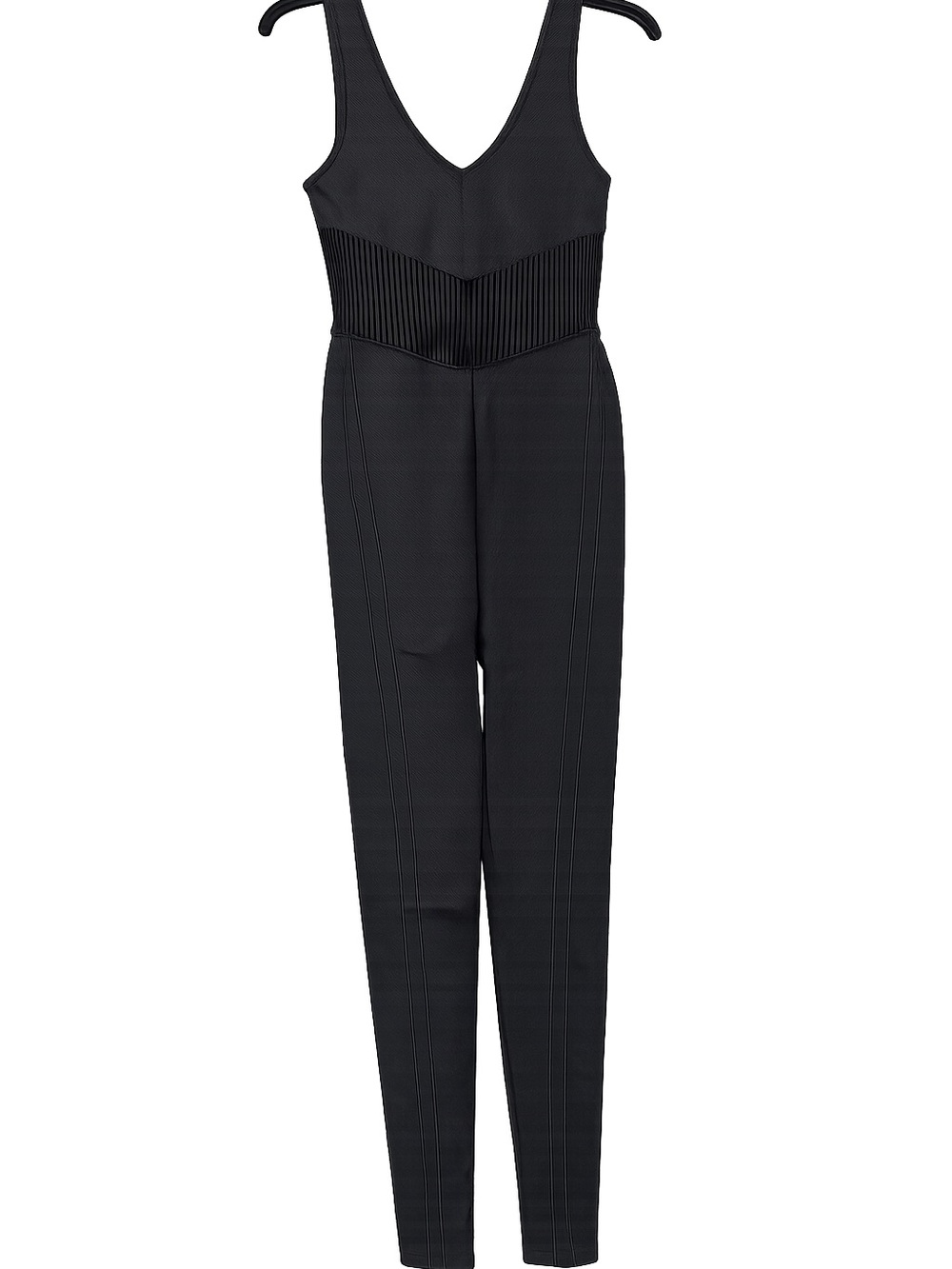 Sleek Black V-Neck Sleeveless Jumpsuit with Ribbed Waist - Picture 1 of 4